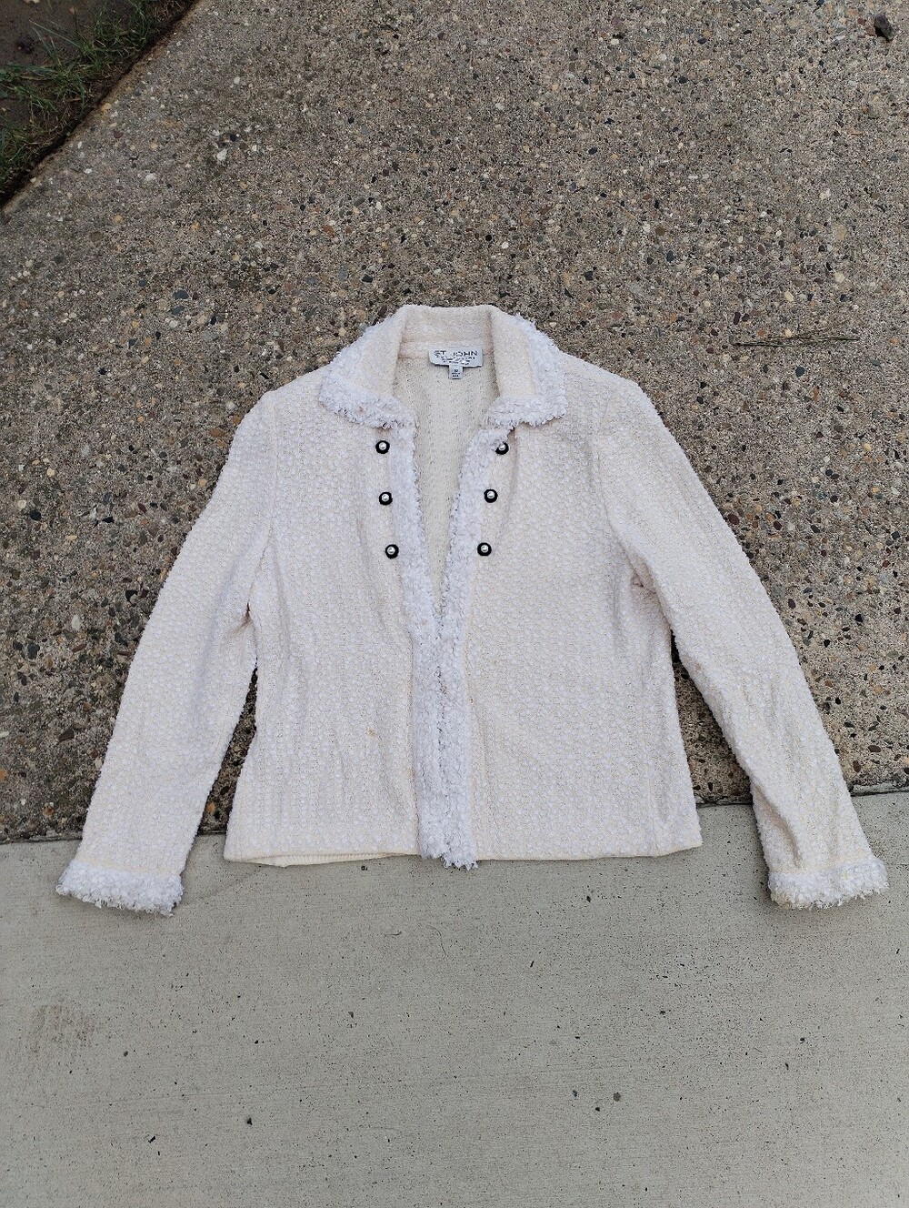 St. John Collection Marie Gray Cream Boucle Knit Jacket Size 10 Made USA"Stained
